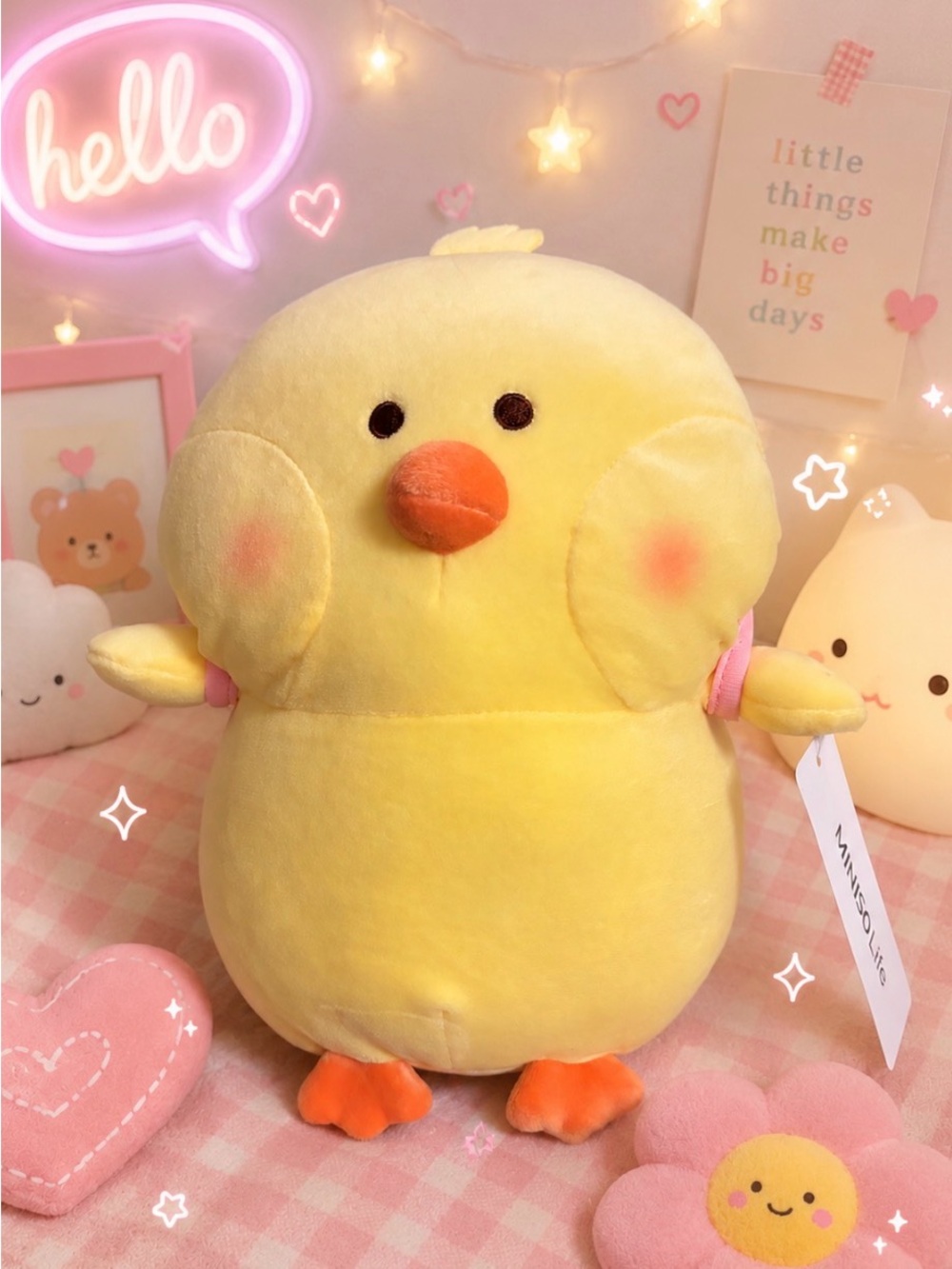 🐥Cute Yellow Chick Plush Toy with Pink Backpack MINISO - Soft Huggable Stuffie 🐥